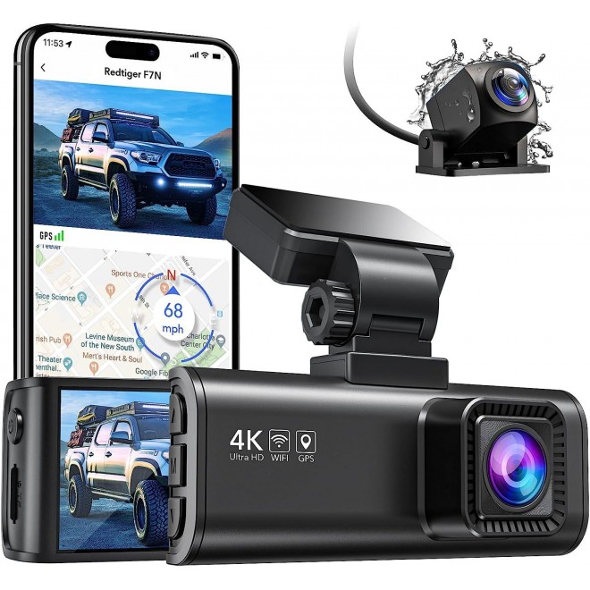 REDTIGER F7N 4K Dash Cam Front and Rear,Built-in WiFi GPS 4K+1080P Dual Dash Camera for Cars