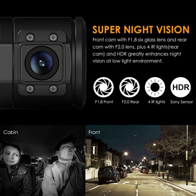 Vantrue N2 Pro Uber Dual Dash Cam Infrared Night Vision, Dual Channel 1080P Front and Inside Dash Cam