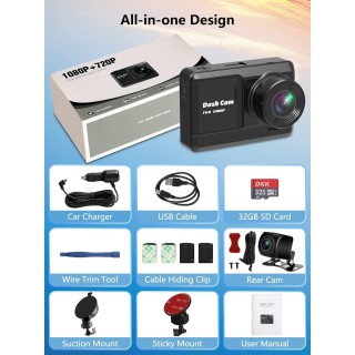 Dash Cam Front and Rear, Mini Dash Cam 1080P Full HD with 32GB SD Card, 2.45 inch IPS Screen