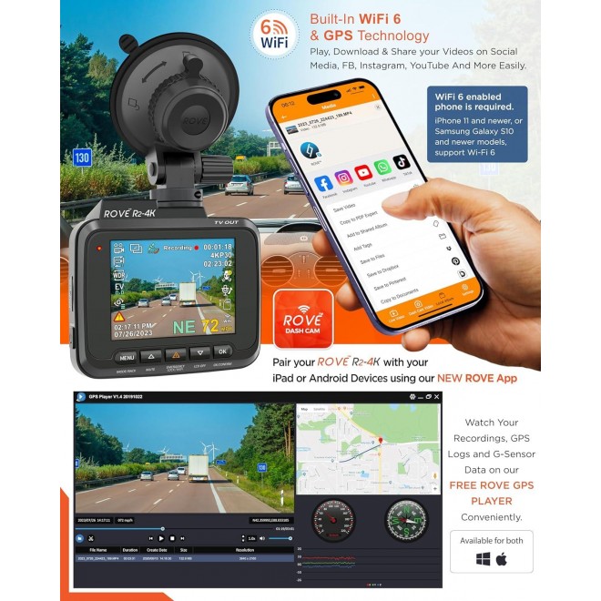ROVE R2-4K Dash Cam Built-in WiFi GPS Car Dashboard Camera Recorder with UHD 2160P