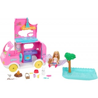 Barbie Camper, Chelsea 2-in-1 Playset with Small Doll, 2 Pets